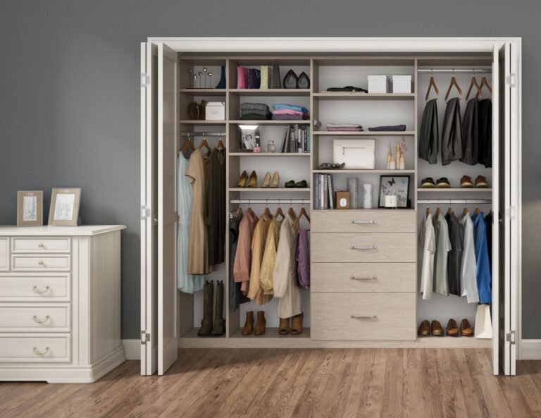 Custom walk-in closet with built-in shelving and drawers